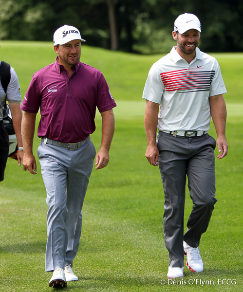 Graeme McDowell and Paul Casey walk the 5th fairway on the first day of the Irish Open